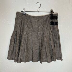 Alice + Olivia Mini  Skirt Sz 10 Emilie Pleated Brown Wool blend Lambs Leather